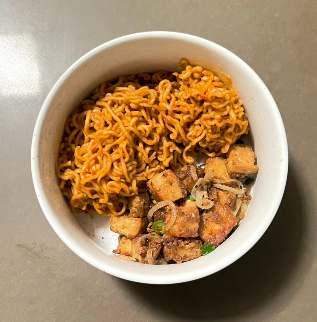 Week 4: Instant. Maruchan noodles in a chili garlic peanut sauce with Salt and pepper tofu.