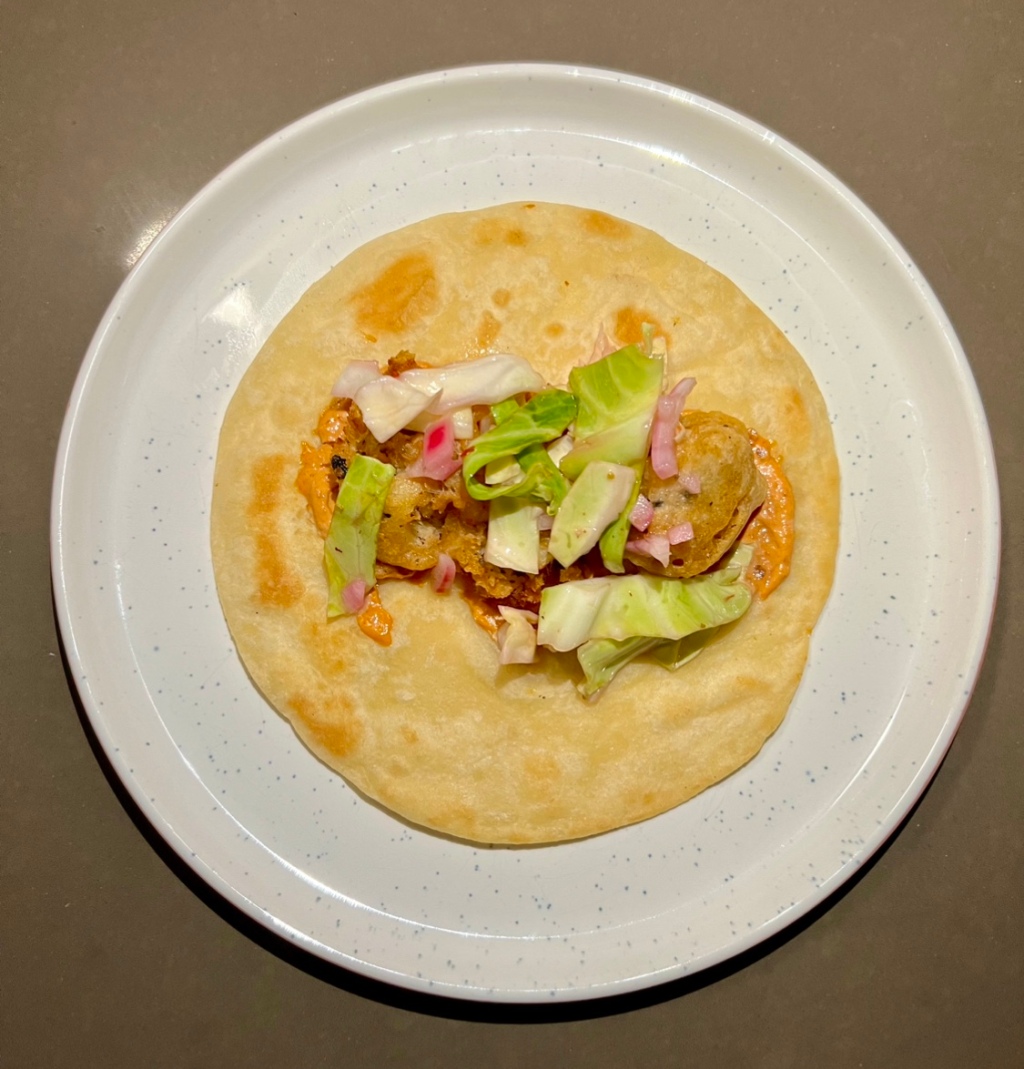 Week two: Cabbage. Heart of palm “fish” tacos w/ chili garlic curtido & chipotle crema.